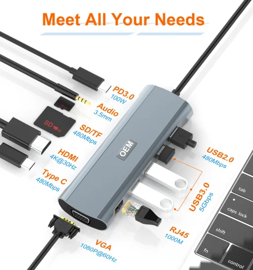 12 in 1 USB-C 허브, 오디오, SD, TF, USB2.0-C 도킹 스테이션, HDMI 2개, VGA, RJ45, 기가비트 네트워크, PD Type-C USB 허브